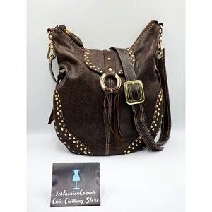 Nardelli Women's Brown Leather Studded Crossbody Bag Made In Italy  Size L 2713